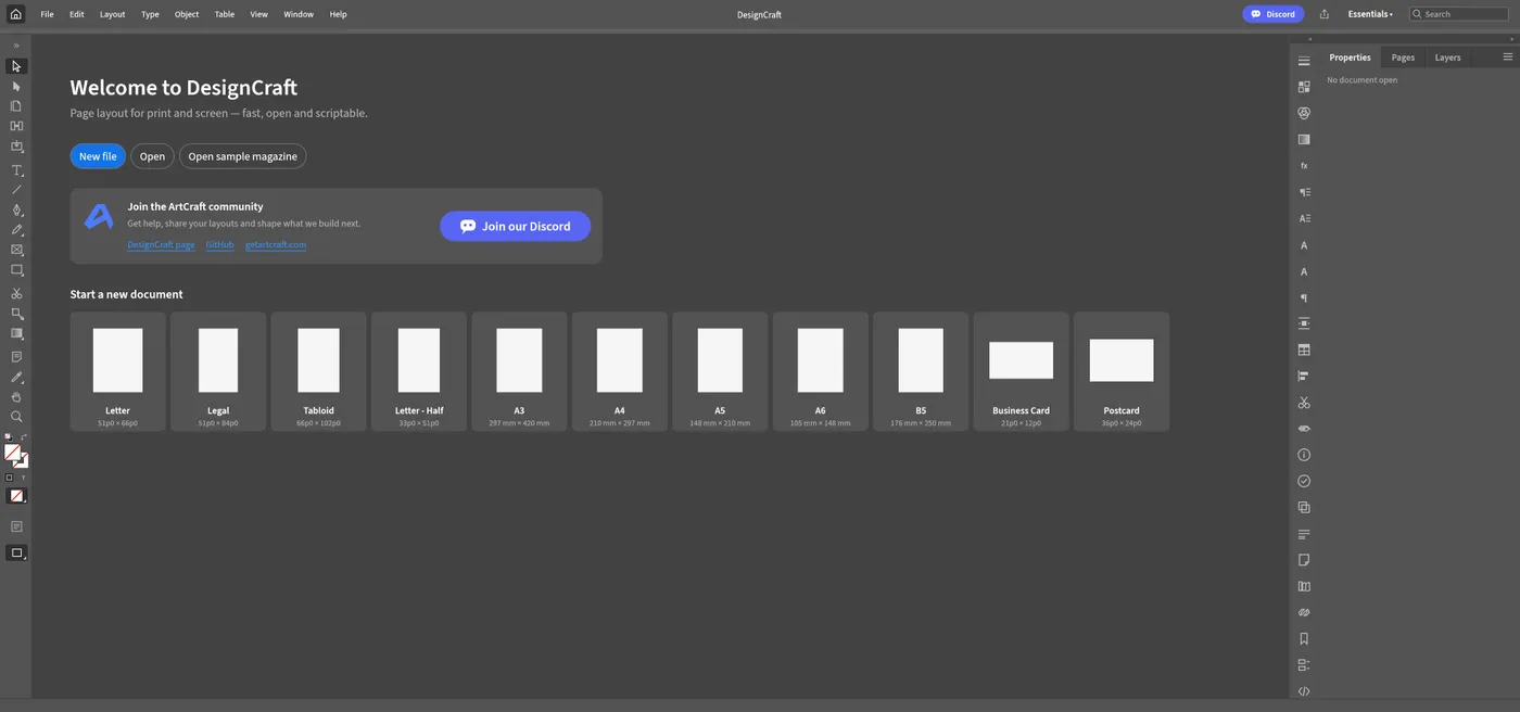 The page layout editor with a new document open