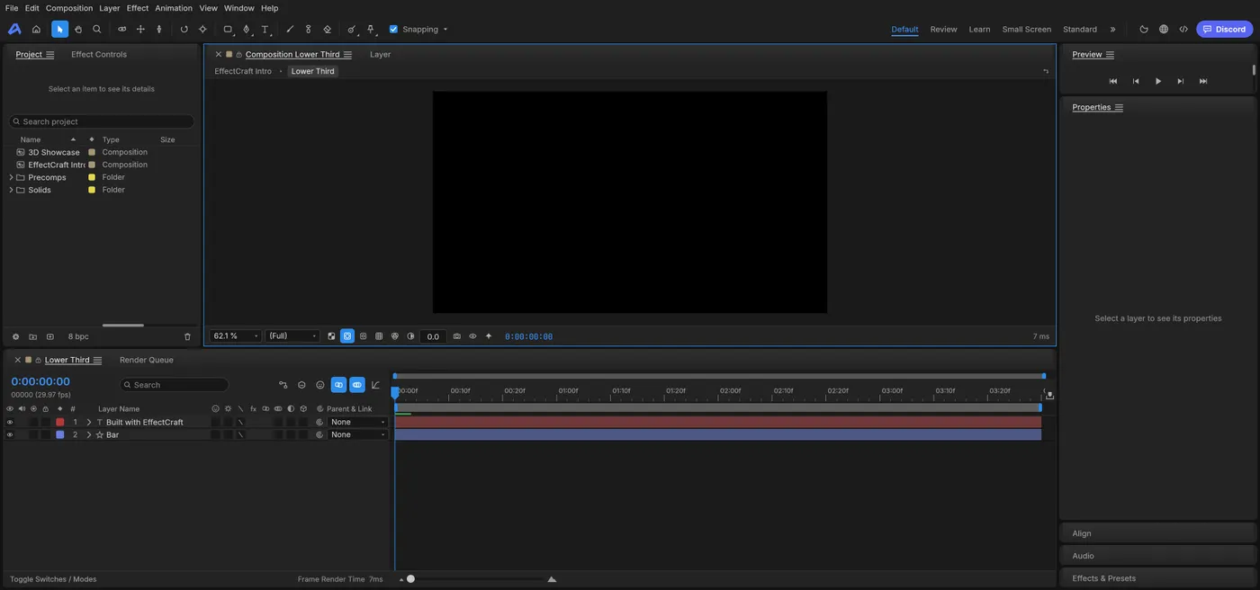 The motion graphics editor with a demo composition and timeline