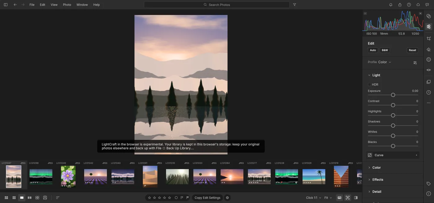 The RAW photo editor with a sample library and develop controls