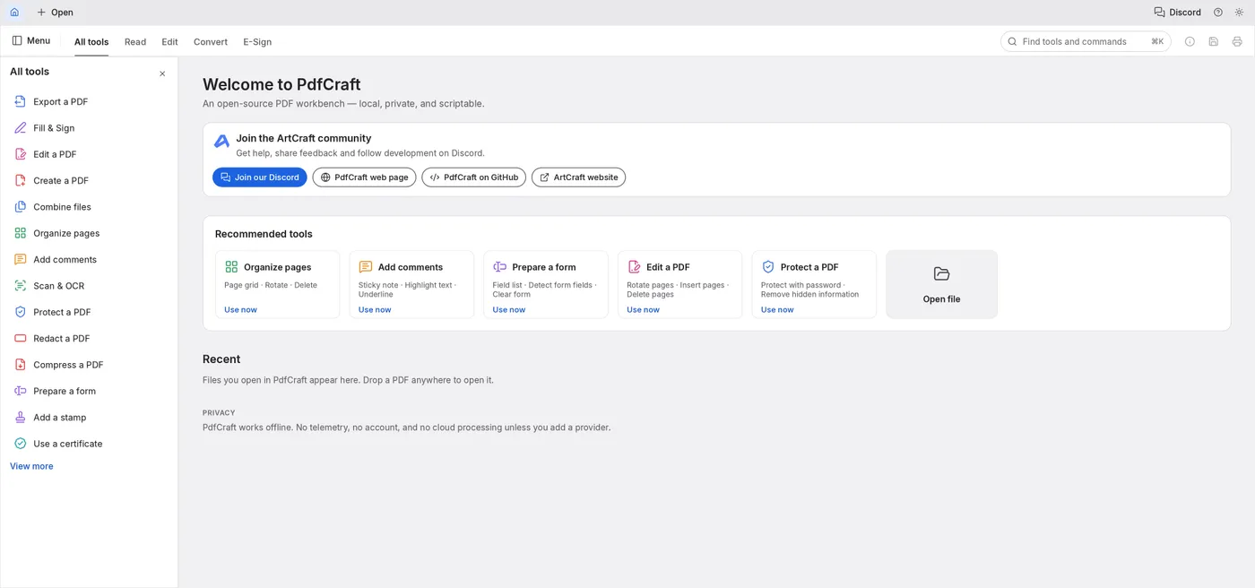 The PDF editor with a test document open and reading tools visible