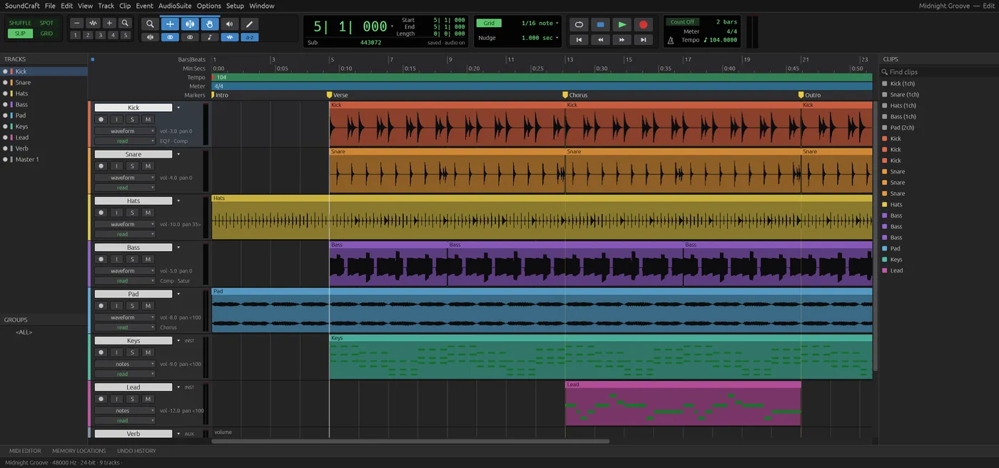 The audio editor with tracks, waveforms and a transport bar