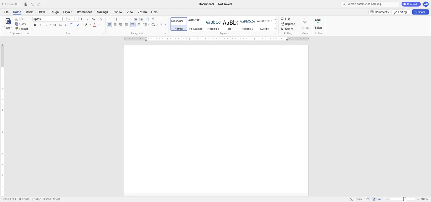 The document editor with a page and ribbon